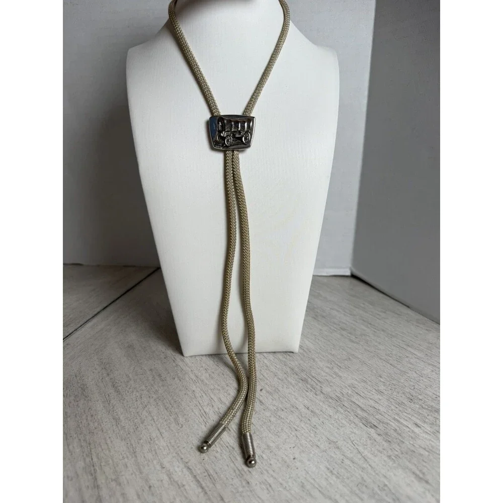 Vintage Hickok Western Pioneer Covered Conestoga Wagon Bolo Tie Metallic Cord